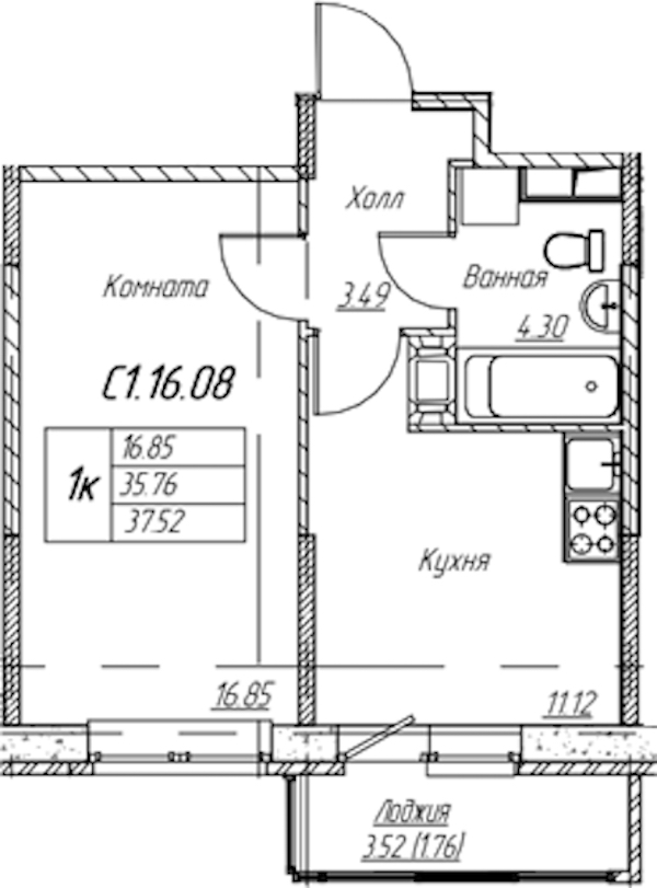 1-комнатная квартира 37.52 м², 16/22 эт., ЖК «Парк-квартал Юнтолово»